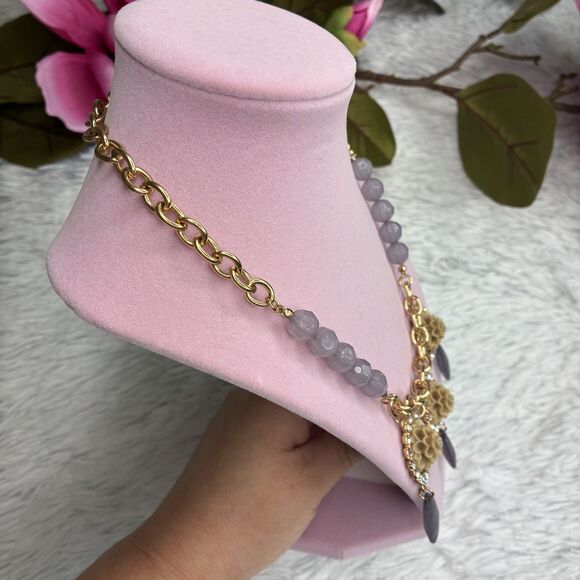 Plunder Gold Tone Purple Beaded Tan Floral Crystal Statement Necklace Women’s - Picture 2 of 10